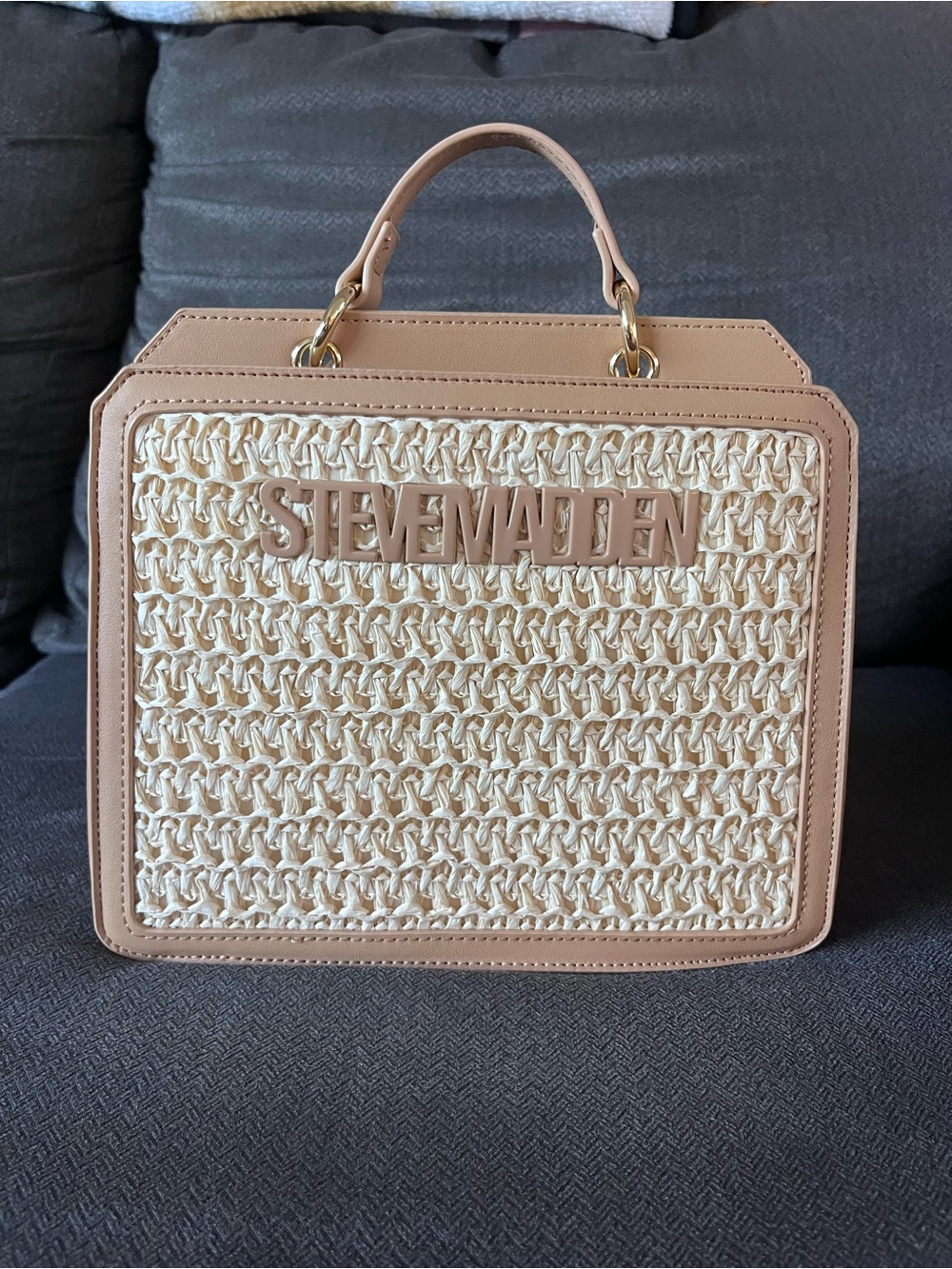 Steve Madden Cream and Tan Woven Top Handle Satchel